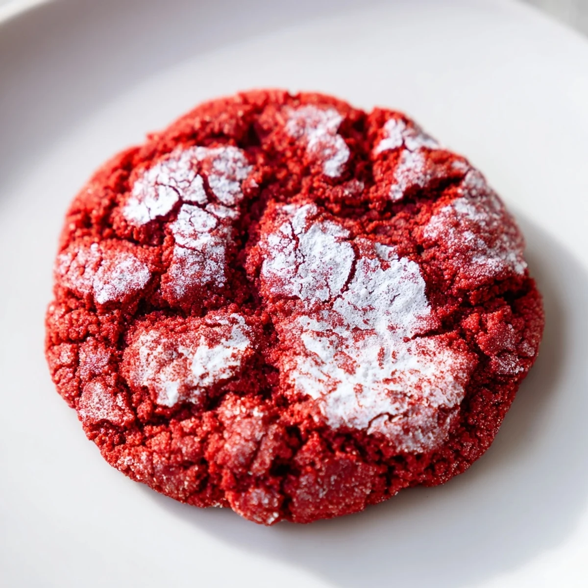 A close-up of Red Velvet Crinkle Cookies on a cooling rack, highlighting their vibrant red color and cocoa aroma.