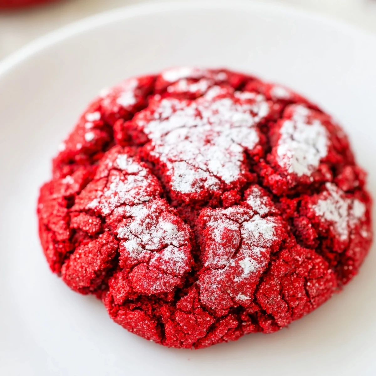 Stack of homemade Red Velvet Crinkle Cookies dusted with powdered sugar, served on a rustic plate for a festive treat.