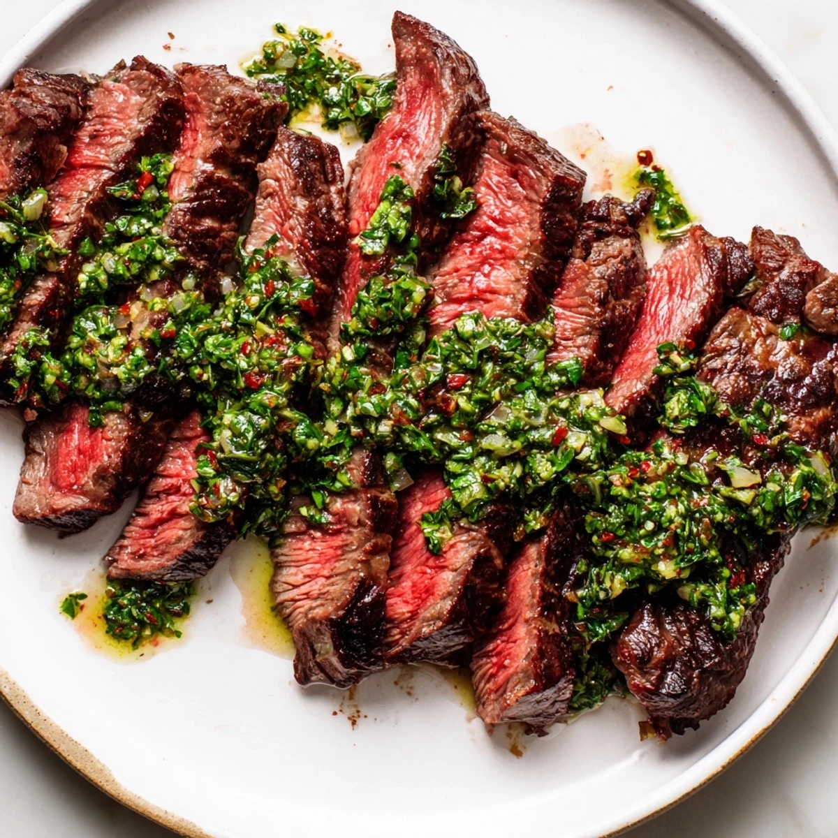 Sizzling ribeye steak rests before being topped with a bright green, herby chimichurri sauce in this Date Night Steak with Chimichurri.