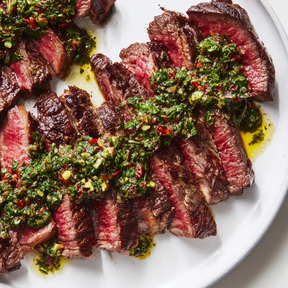 Tender sliced Date Night Steak with Chimichurri is plated alongside roasted potatoes and a vibrant, garlic-forward green sauce.