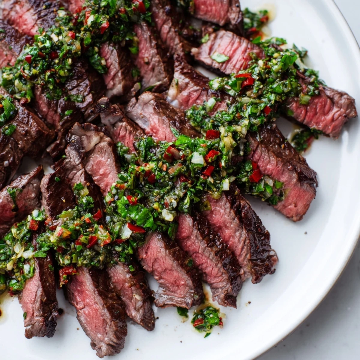 Perfectly seared Date Night Steak with Chimichurri topped with fresh parsley and oregano, ready for a romantic dinner for two.