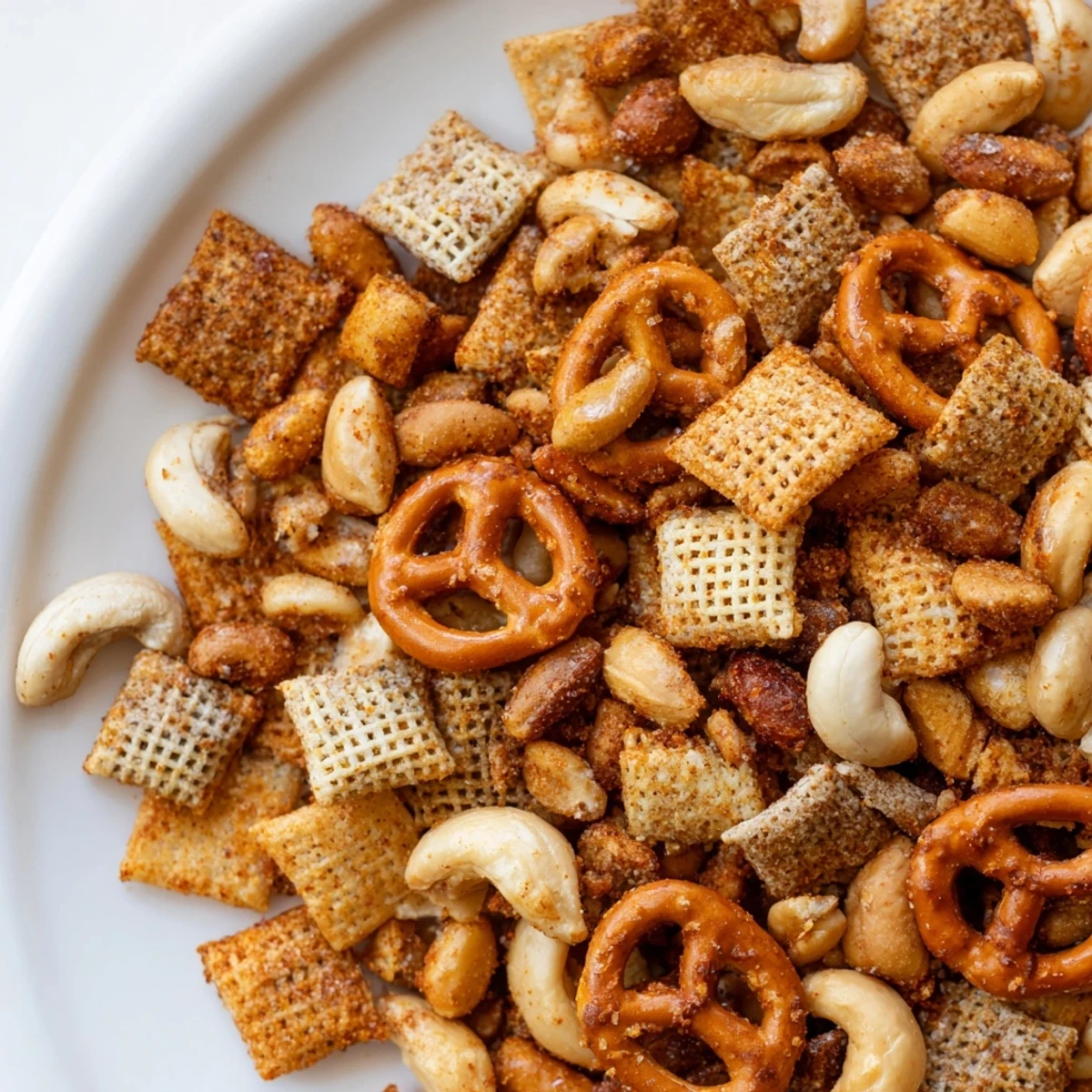 Freshly baked Super Bowl Snack Mix with Nuts and Pretzels cooling on a parchment-lined tray, garnished with chopped parsley.
