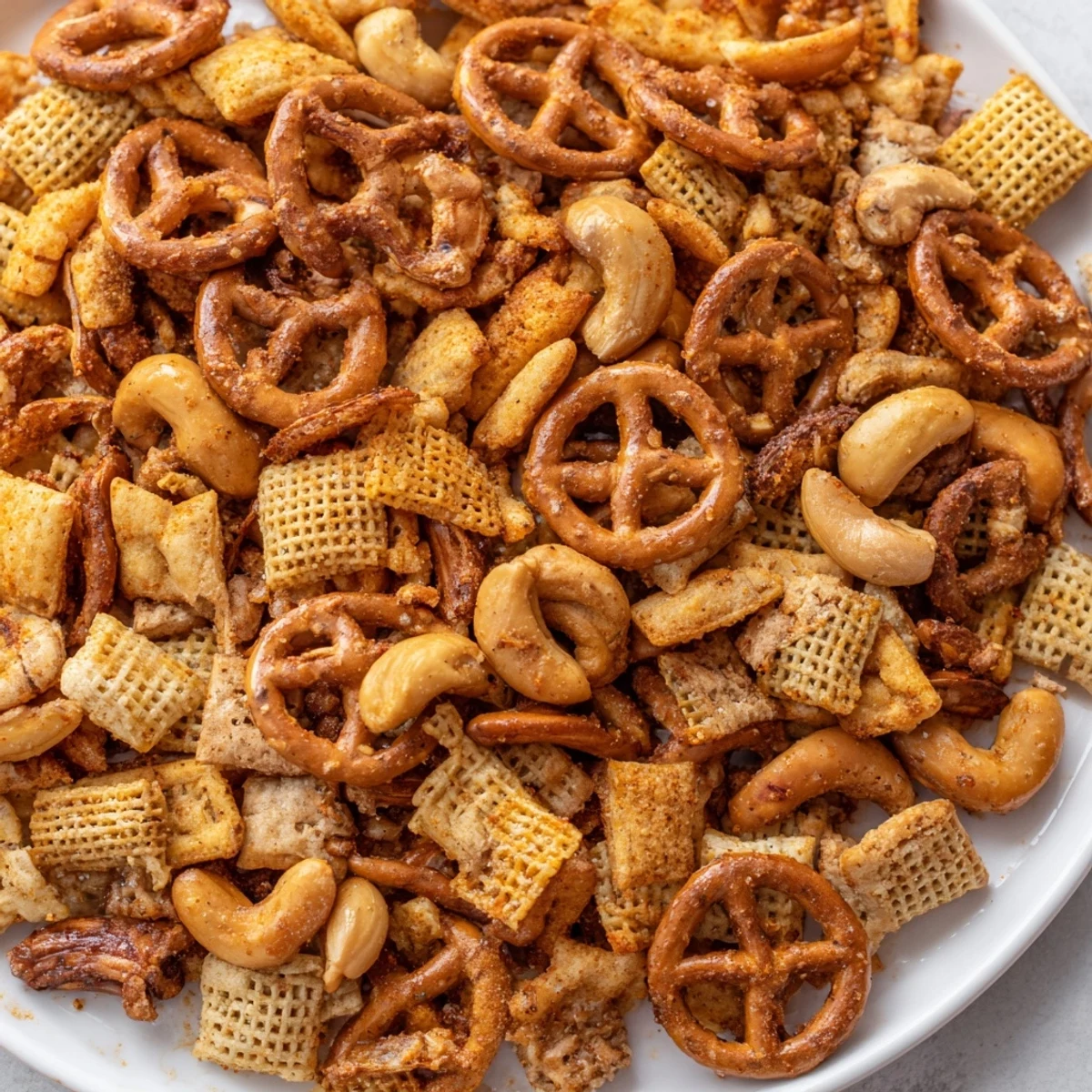 A close-up of Super Bowl Snack Mix with Nuts and Pretzels in a ceramic bowl, showcasing golden-brown pretzels and toasted nuts.