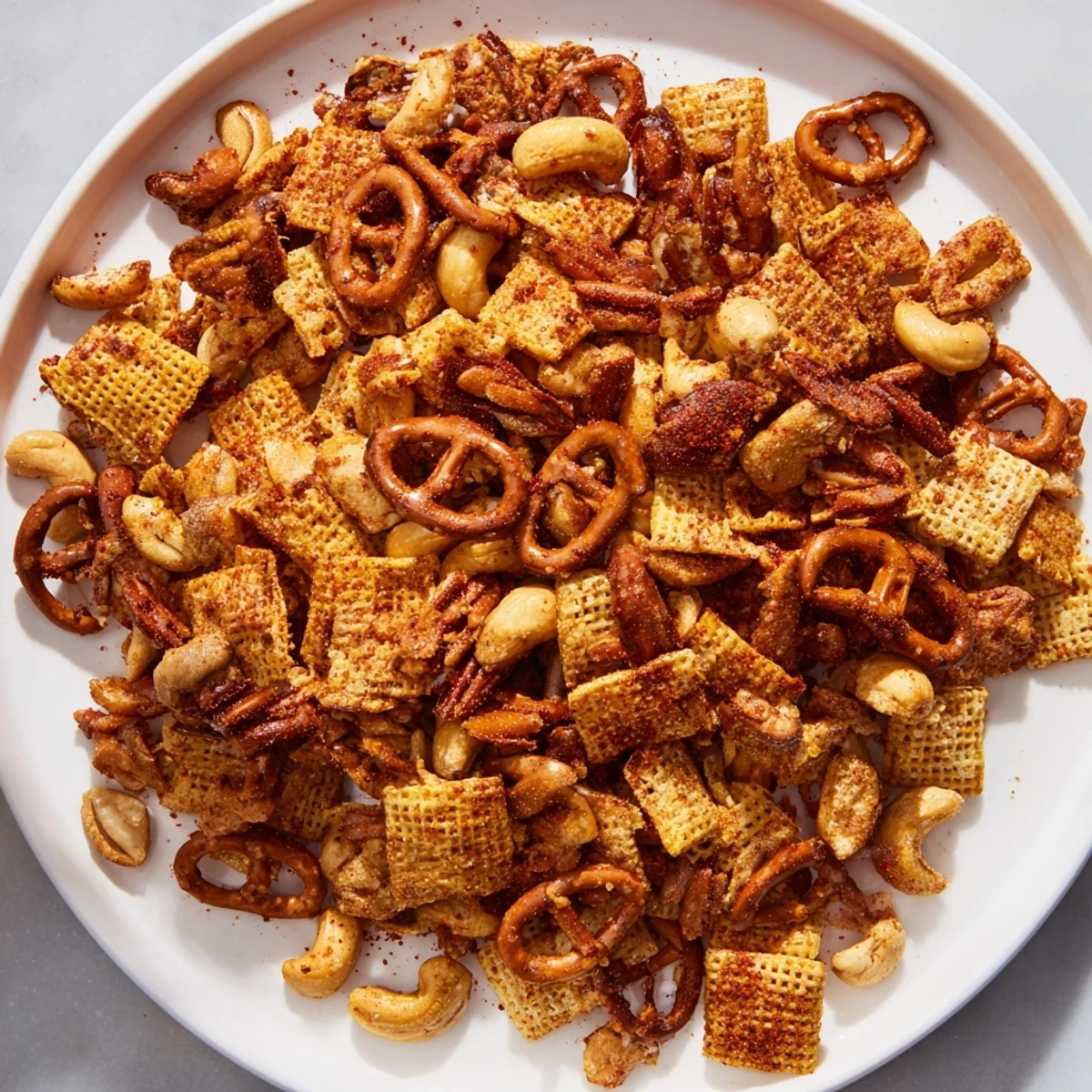 A hearty bowl of Super Bowl Snack Mix with Nuts and Pretzels served with cold beer and lime wedges on a wooden table.