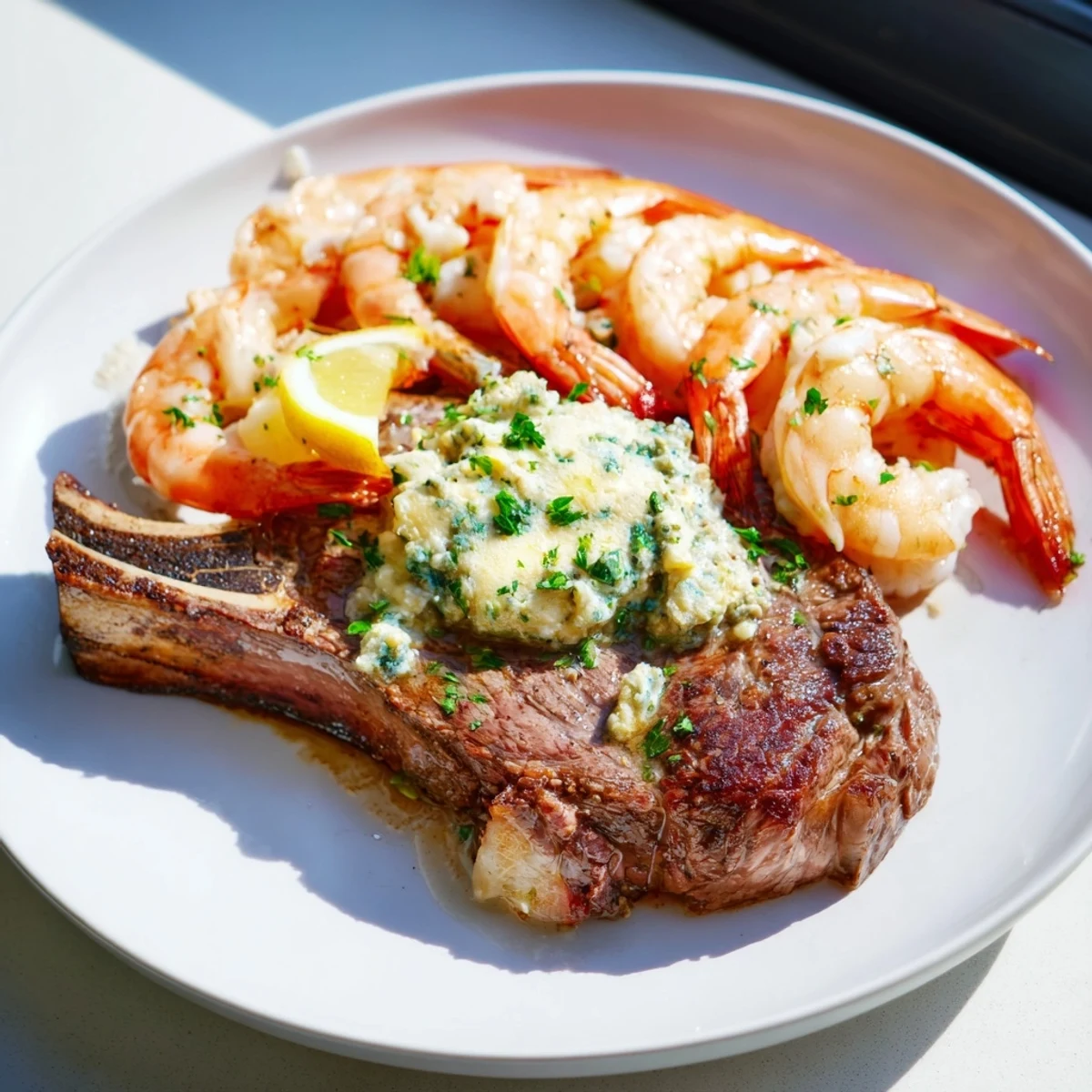 A plated Surf and Turf Steak and Shrimp Dinner features a juicy seared ribeye topped with melting garlic herb butter, alongside golden shrimp and fresh lemon wedges.
