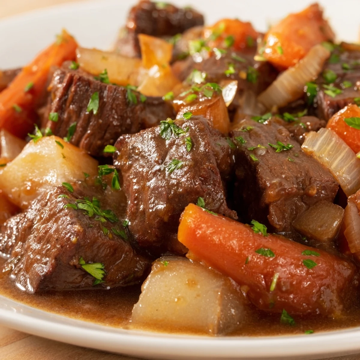 Hearty Savory Beef Stew with Root Vegetables simmering in a rich, bubbling broth inside a Dutch oven.