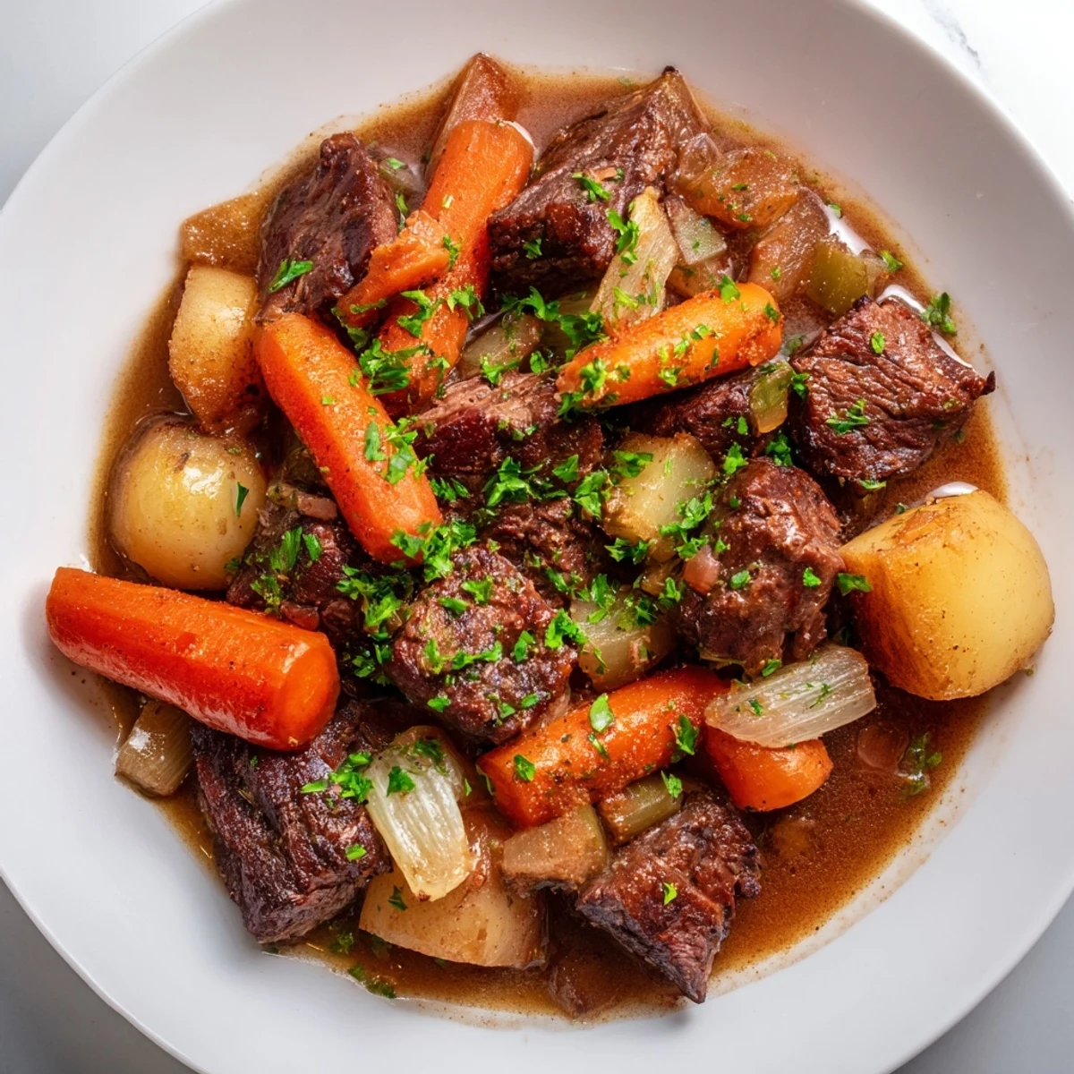 Tender chunks of beef and colorful root vegetables in Savory Beef Stew with Root Vegetables garnished with parsley.