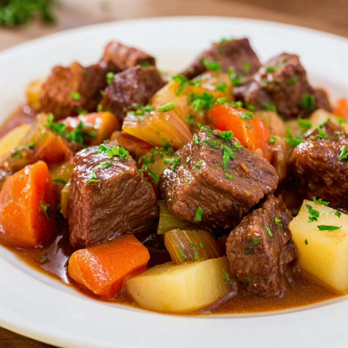 Savory Beef Stew with Root Vegetables served in a rustic bowl, ready to enjoy on a chilly evening.