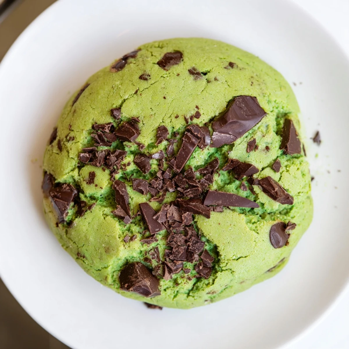 Freshly baked Mint Chocolate Chip Cookies with green dough on a cooling rack, with melty semisweet chocolate chips peeking out. 
