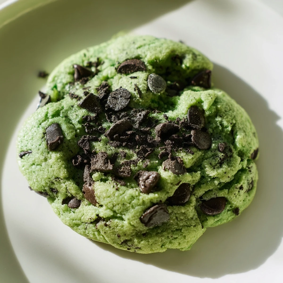 A close-up of soft Mint Chocolate Chip Cookies revealing the vibrant green dough and rich chocolate chunks on a wooden board. 