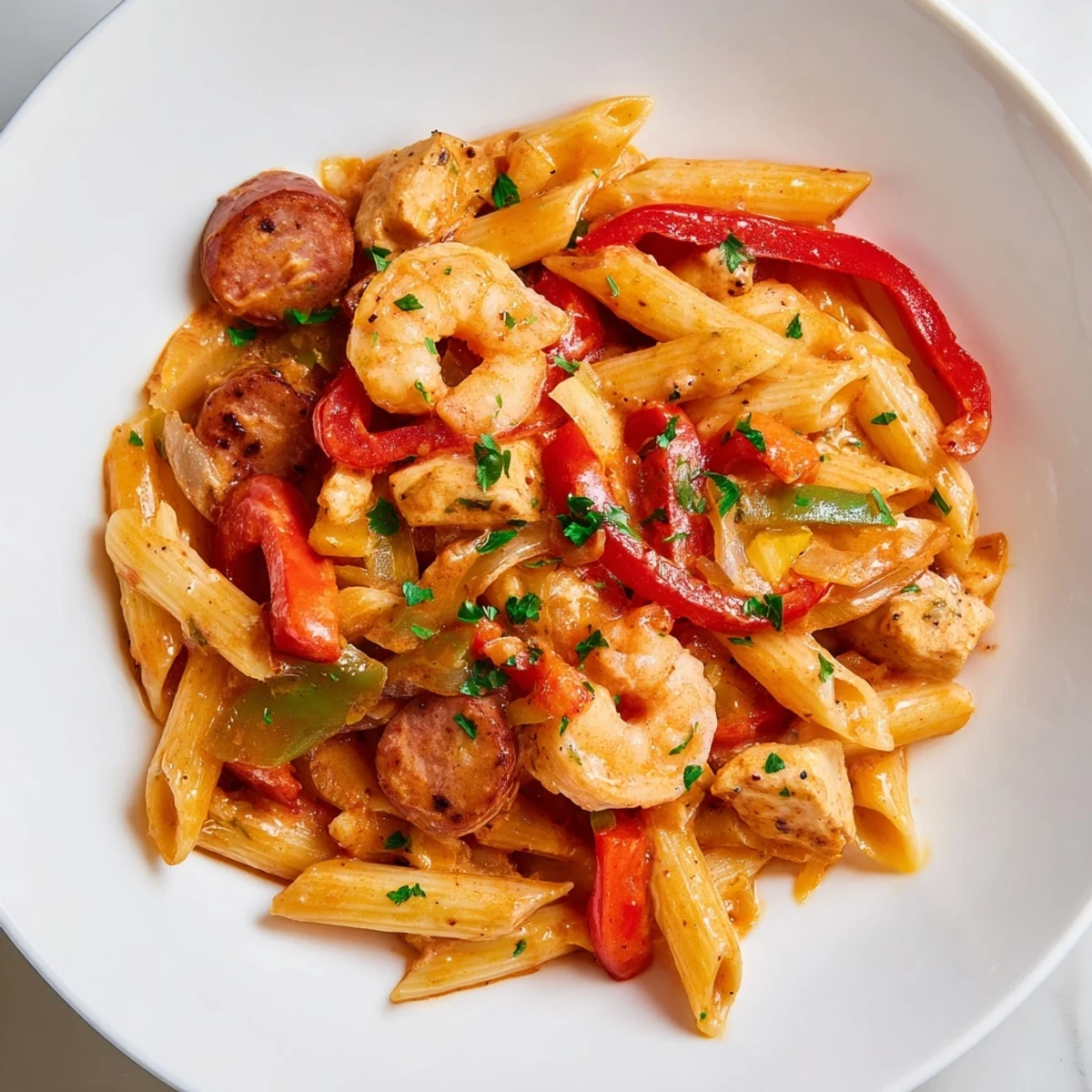 Close-up of Spicy Jambalaya Pasta with Chicken and Shrimp, garnished with fresh parsley and lemon wedges. 