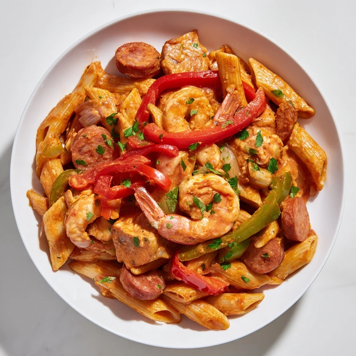 Serving of Spicy Jambalaya Pasta with Chicken and Shrimp in a creamy tomato sauce, paired with crusty bread.