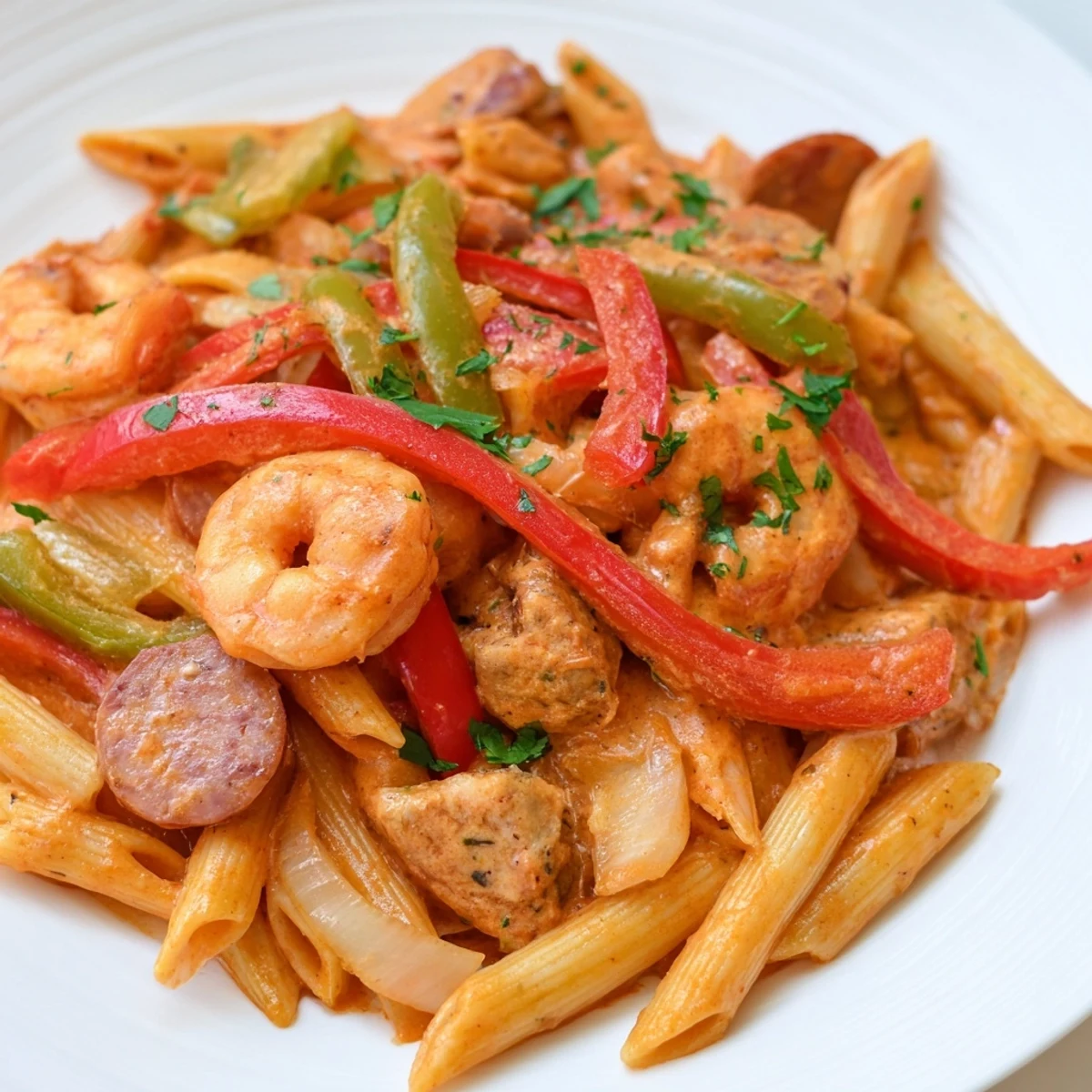 Shrimp and andouille sausage tossed in Spicy Jambalaya Pasta, highlighted by red and green bell peppers. 