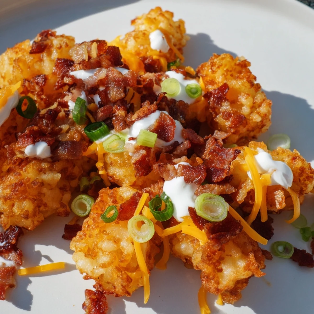 Golden, crispy Loaded Tater Tots with cheese and beef bacon bits on a serving platter.