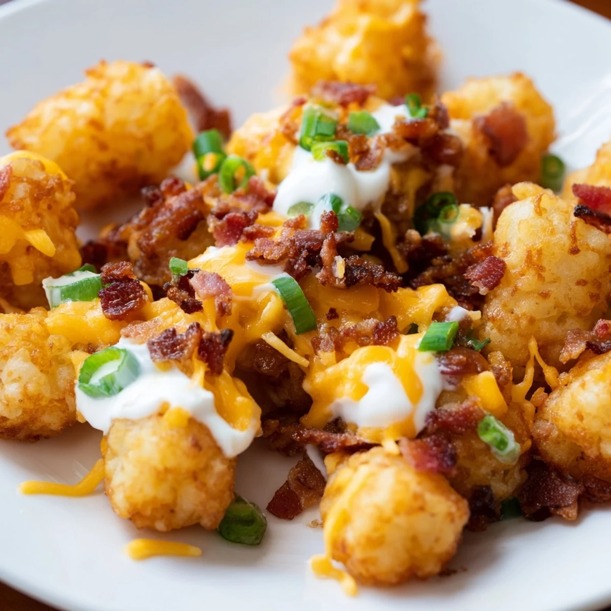 Freshly baked Loaded Tater Tots topped with melted cheddar and sour cream for dipping.