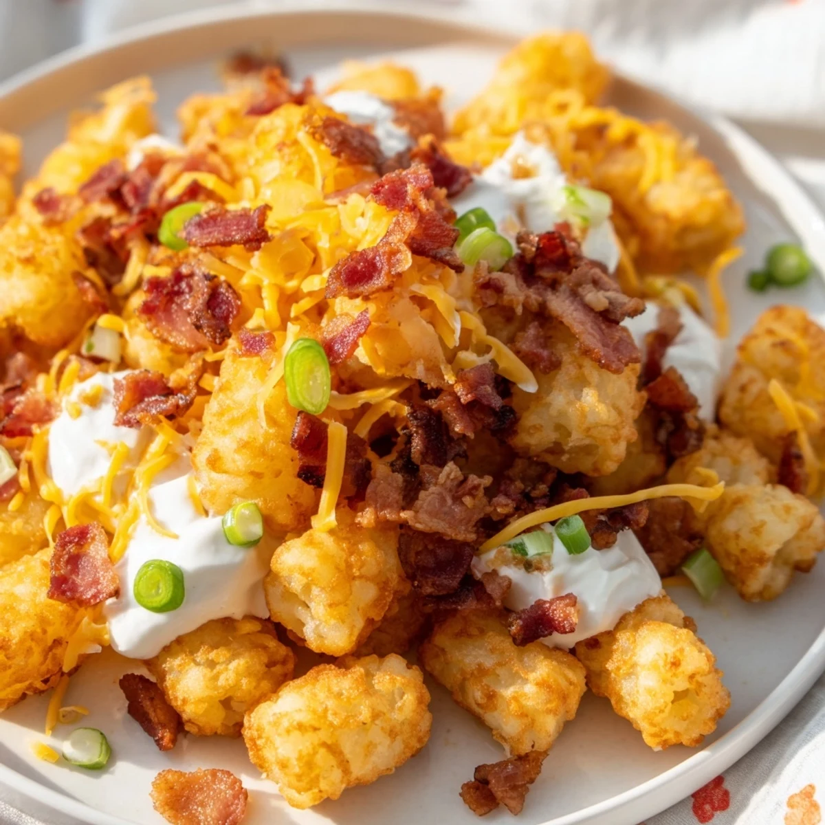 Platter of Loaded Tater Tots garnished with green onions and savory beef bacon bits.
