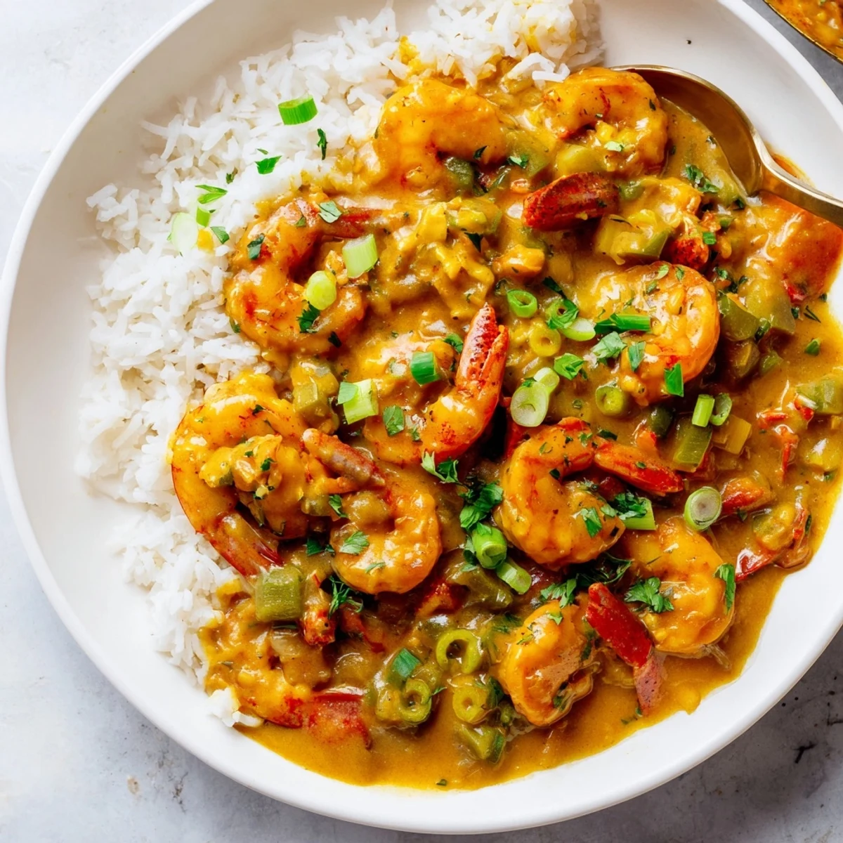 Steamy white rice is topped with tender crawfish étouffée simmered in a rich, golden-brown roux with aromatic Creole spices.