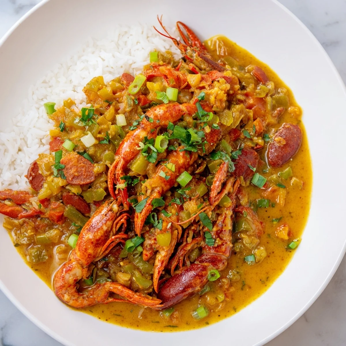 A rustic plate showcases crawfish étouffée with vibrant green onions and parsley, perfect with crusty bread for dipping in the sauce.