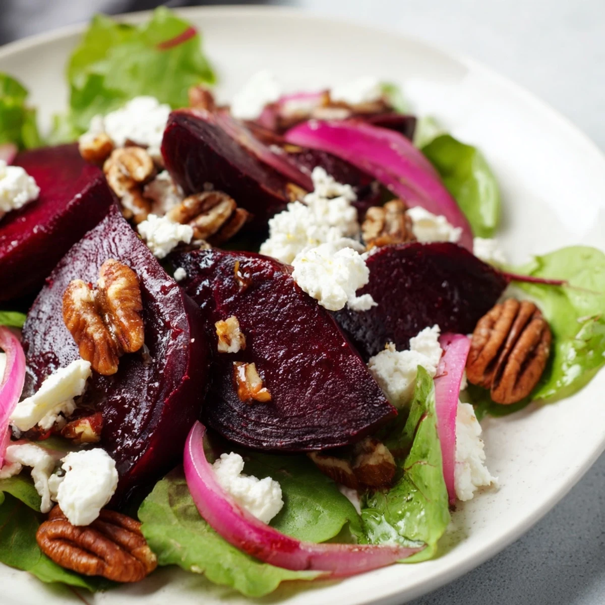 Roasted Beet and Goat Cheese Salad with Pecans is arranged on a platter, featuring ruby-red beet wedges over mixed greens and creamy goat cheese crumbles. 