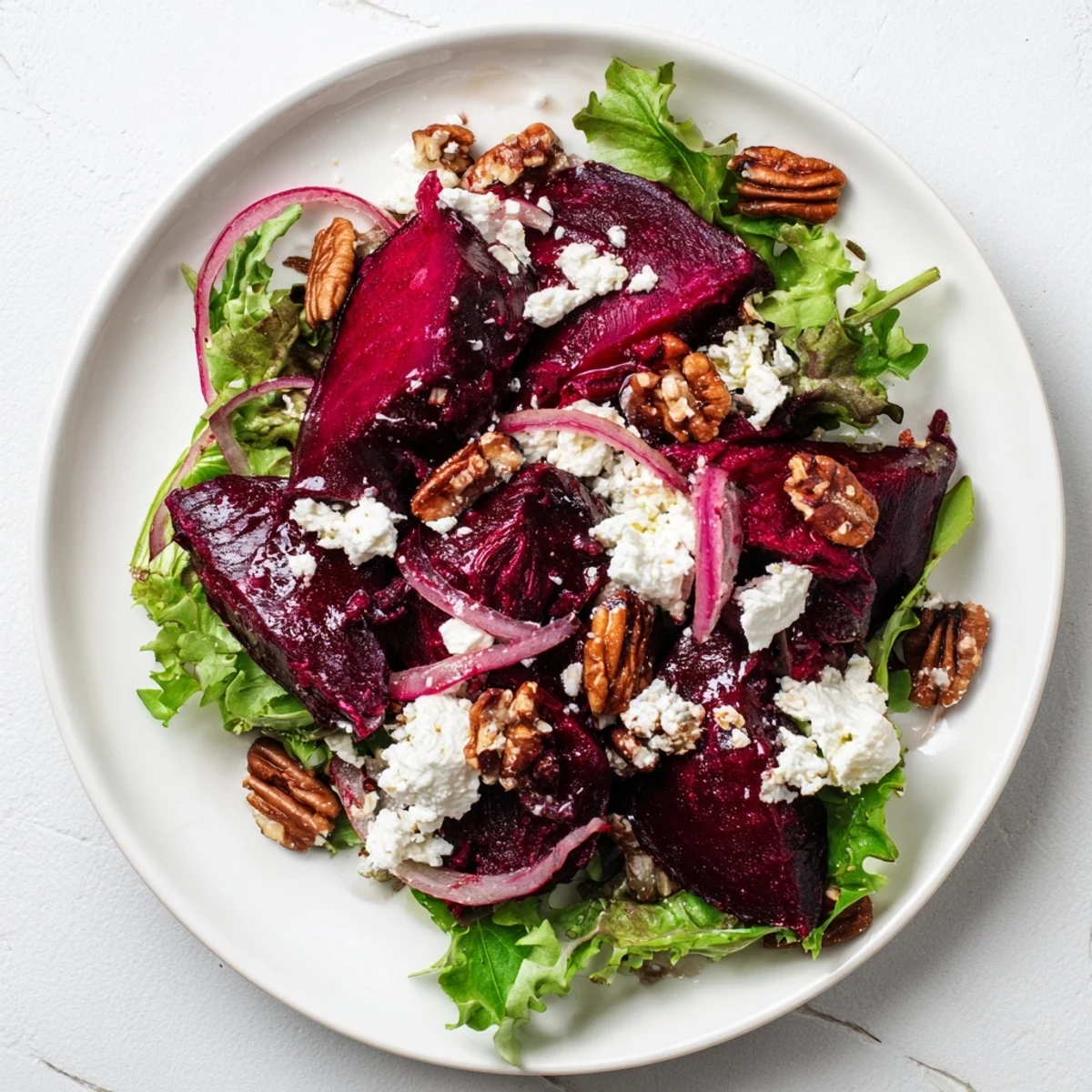 A close-up of Roasted Beet and Goat Cheese Salad with Pecans highlights the earthy beets, crumbled cheese, and shiny pecans on fresh greens.