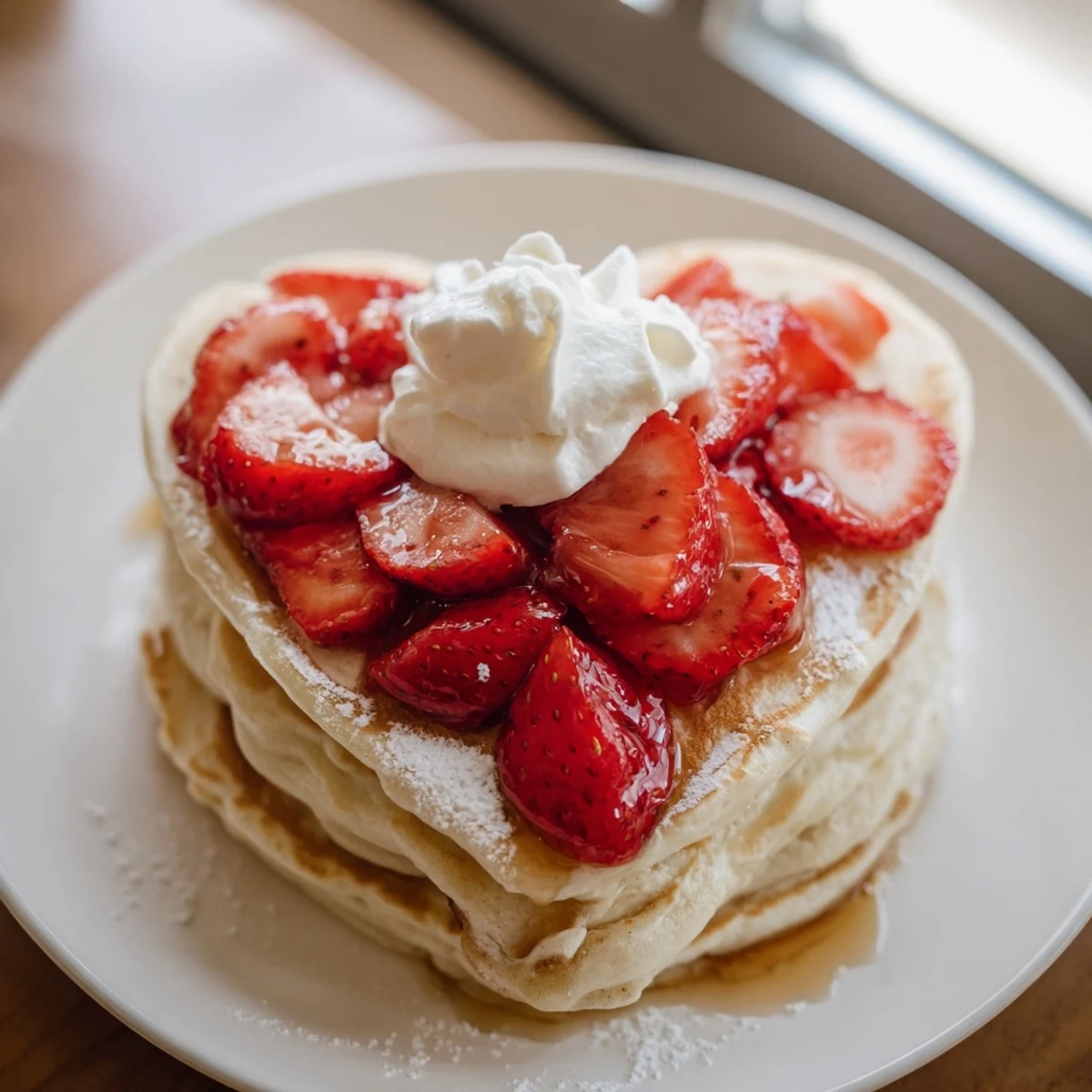 Freshly cooked Valentine Breakfast Pancakes with juicy macerated strawberries, served warm on a cozy breakfast plate.