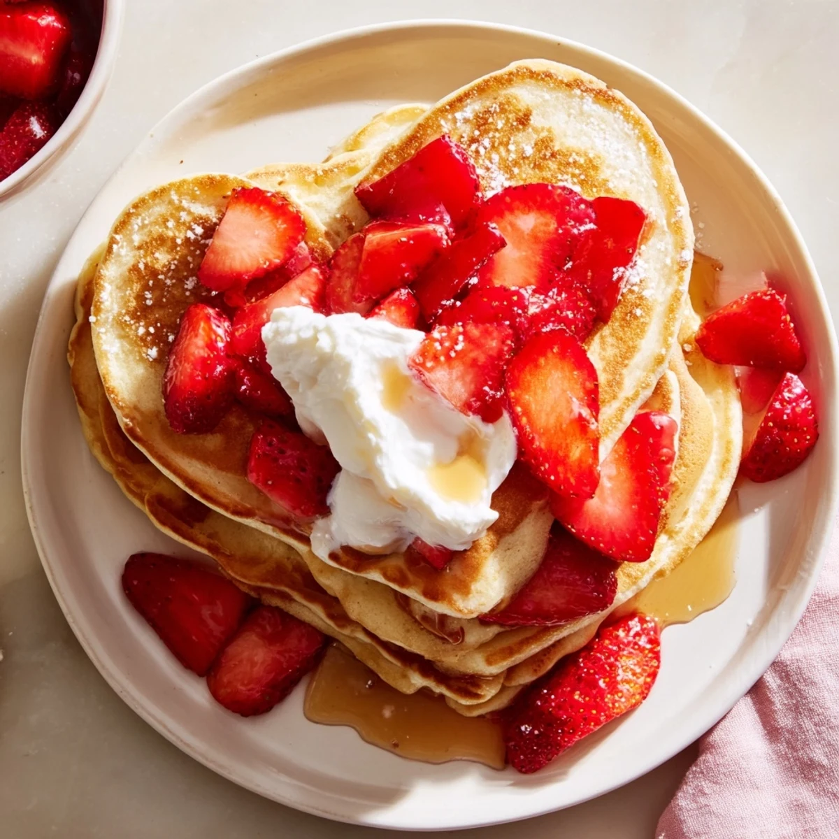 Stack of golden Valentine Breakfast Pancakes with sweet strawberry topping and a dollop of whipped cream for a romantic breakfast.