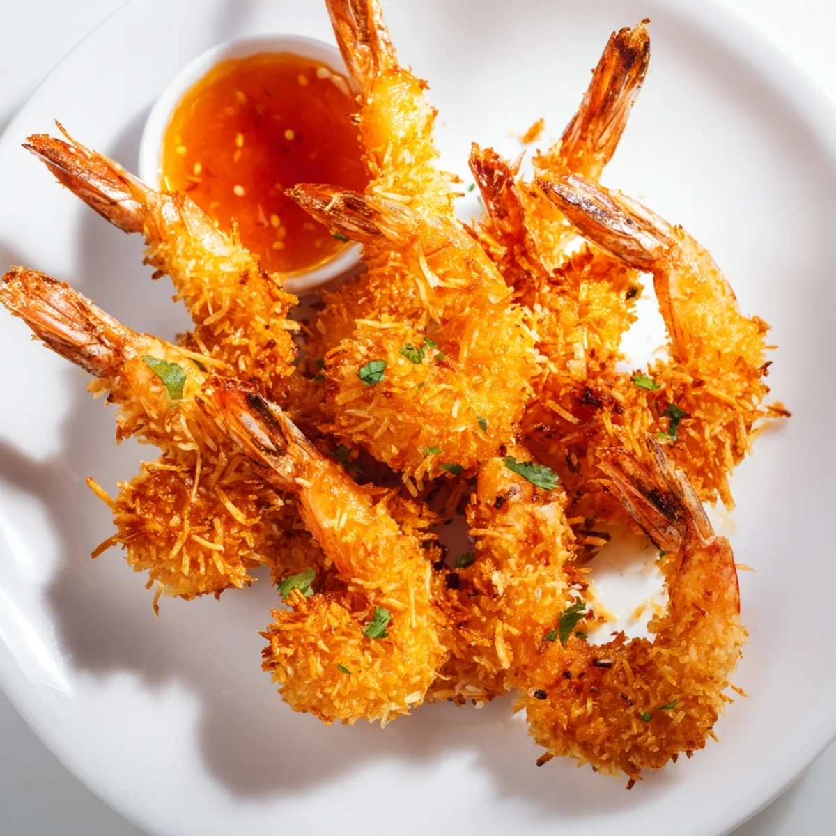 Golden-brown Crispy Coconut Shrimp with Sweet Chili Sauce resting on a plate, garnished with fresh cilantro and a lime wedge for a bright, tangy dip.