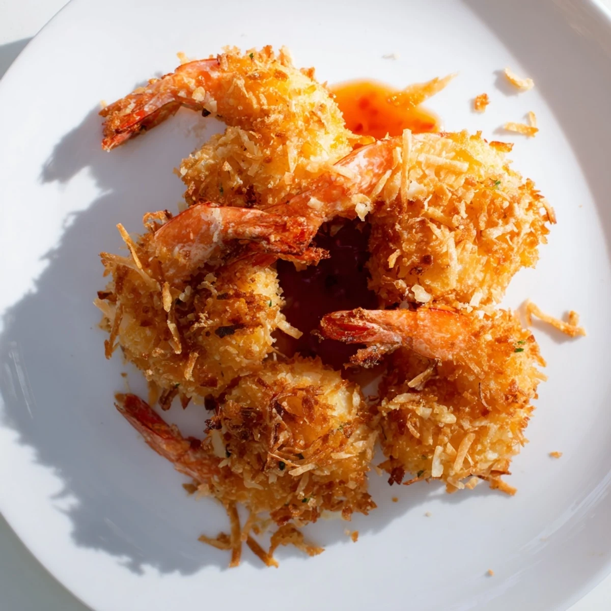 Four servings of Crispy Coconut Shrimp with Sweet Chili Sauce arranged on a platter, ready to be enjoyed as a hot, irresistible appetizer.