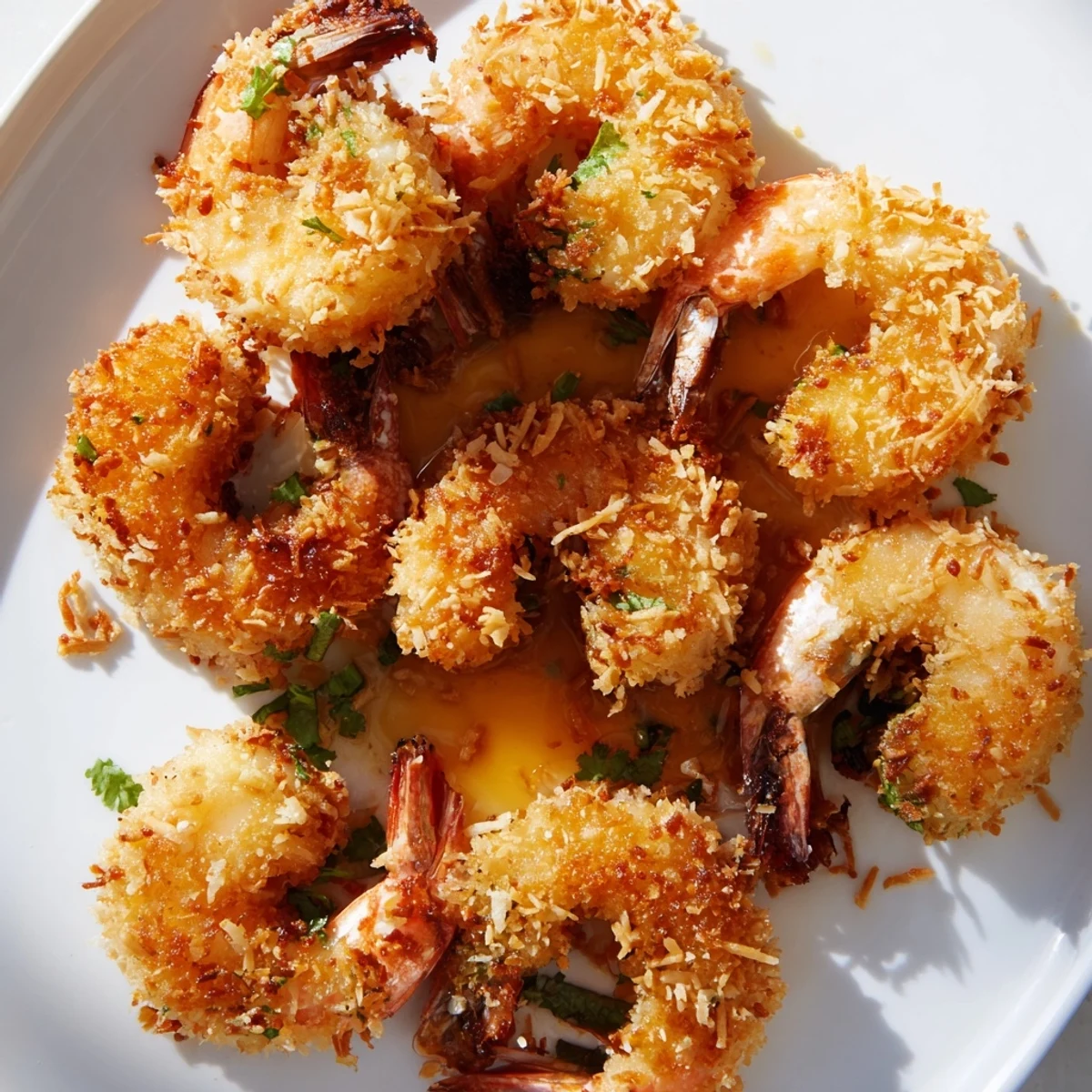 A close-up of juicy Crispy Coconut Shrimp with Sweet Chili Sauce, showcasing the crunchy coconut crust and a small dipping bowl of vibrant sauce.