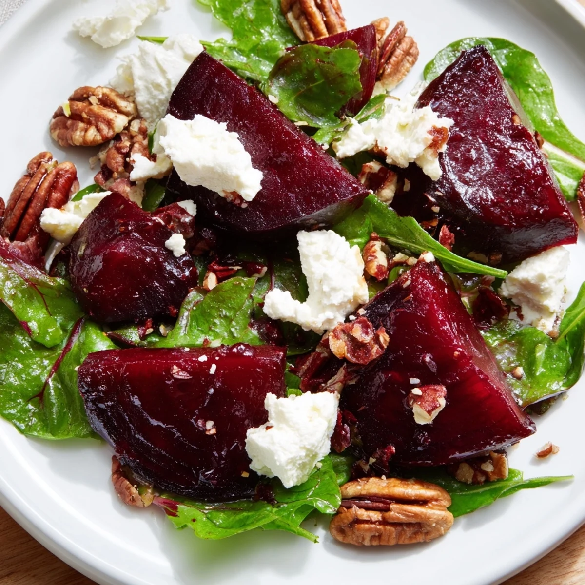 Roasted beet and goat cheese salad with golden pecans, creamy cheese, and vibrant greens drizzled with tangy vinaigrette.
