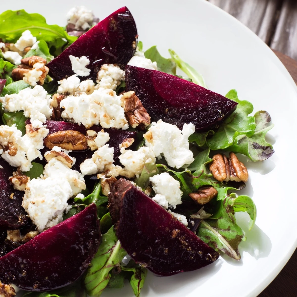 Fresh arugula and spinach topped with warm roasted beet wedges, crumbled goat cheese, and crunchy toasted pecans.