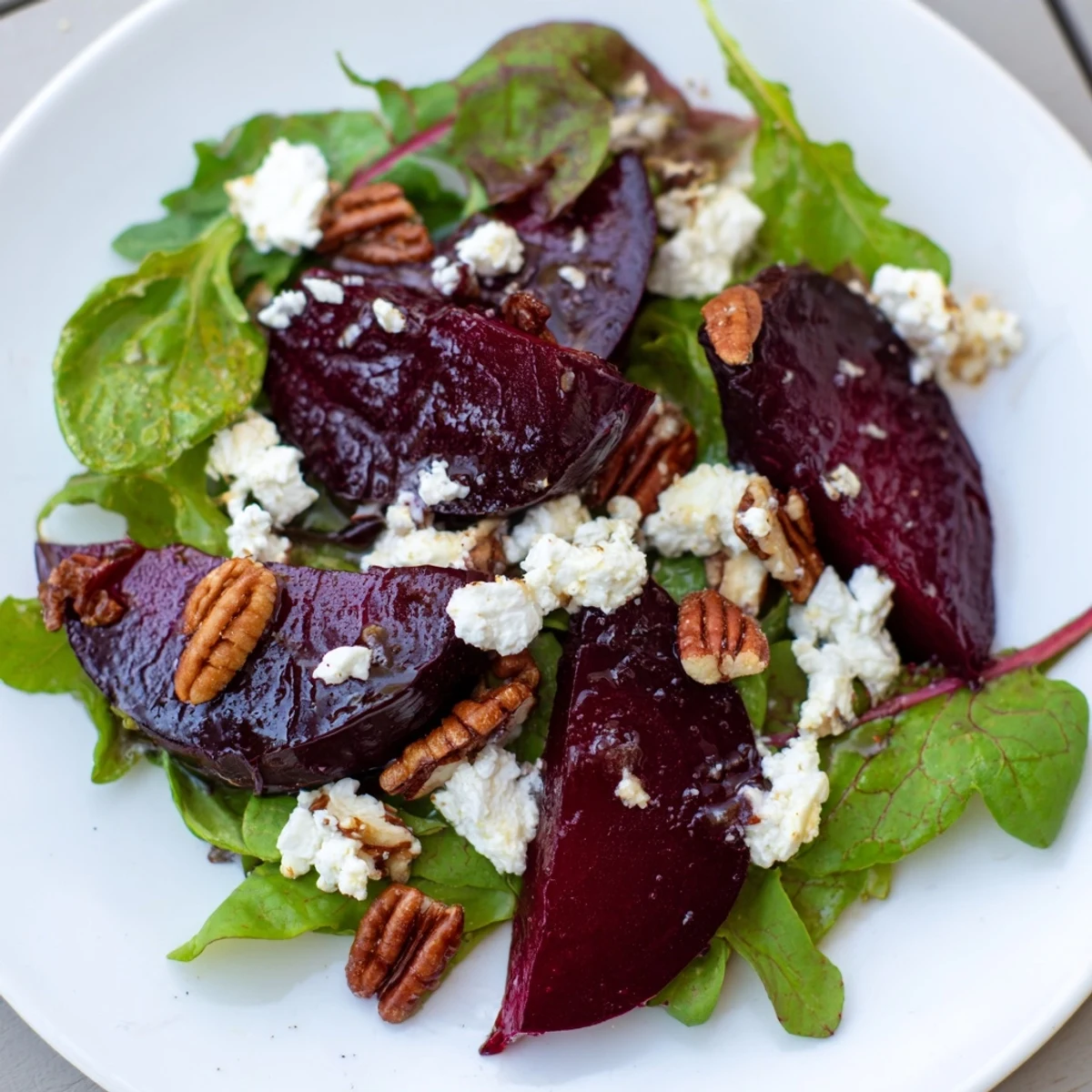Serve this Roasted Beet and Goat Cheese Salad on a platter, perfect for a light, flavorful vegetarian lunch.