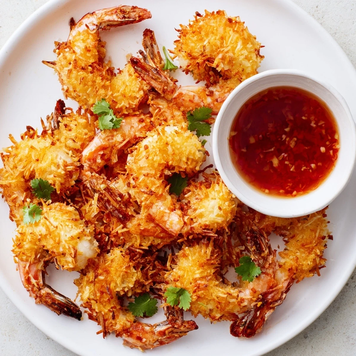 Crispy coconut shrimp with golden, crunchy coating served alongside a tangy sweet chili dipping sauce.
