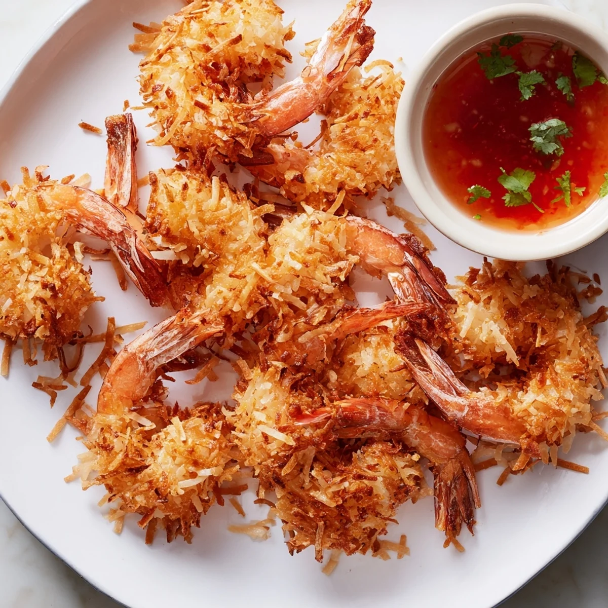 Crispy coconut shrimp on a plate with sweet chili sauce, ready to serve as a party appetizer.