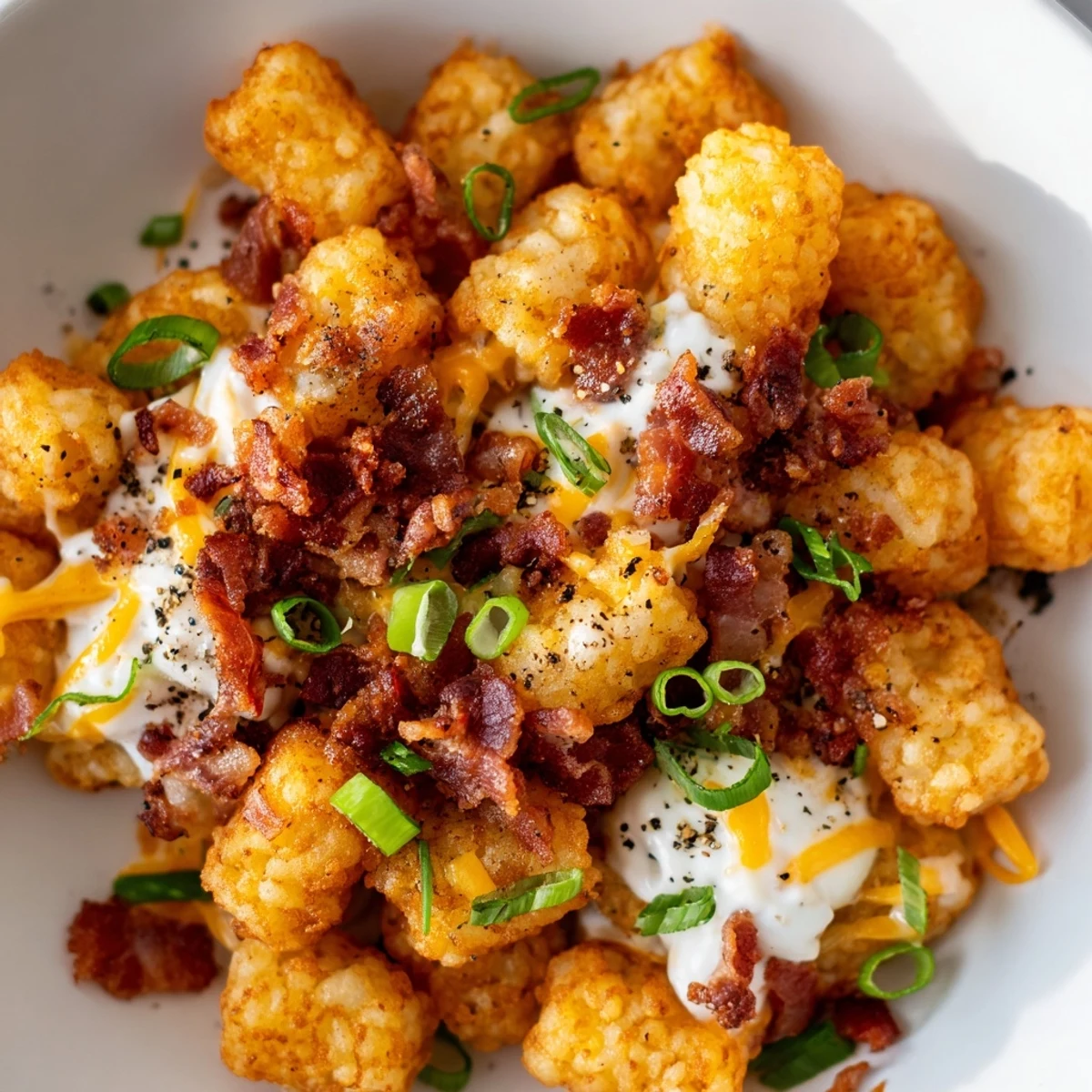 Served hot, these Loaded Tater Tots with Cheese and Beef Bacon Bits are garnished with fresh parsley and black pepper.