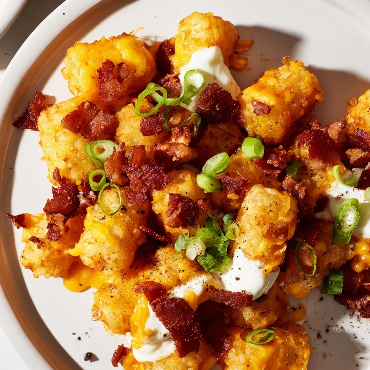 A close-up of Loaded Tater Tots with Cheese and Beef Bacon Bits, showing melted cheddar and mozzarella over crunchy tots.  