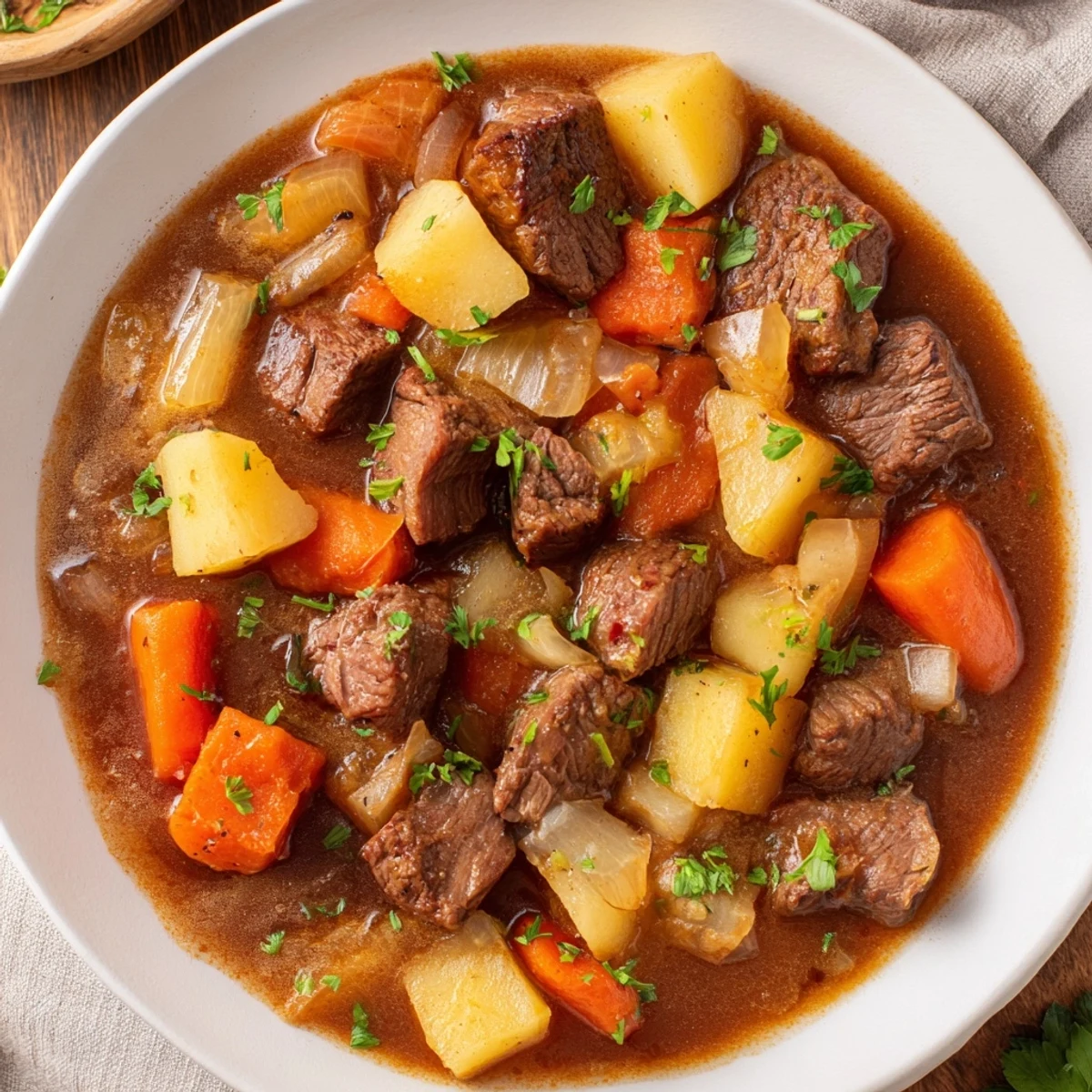 A warm bowl of Savory Beef Stew with Root Vegetables served steaming hot, garnished with fresh parsley on a rustic wooden table.