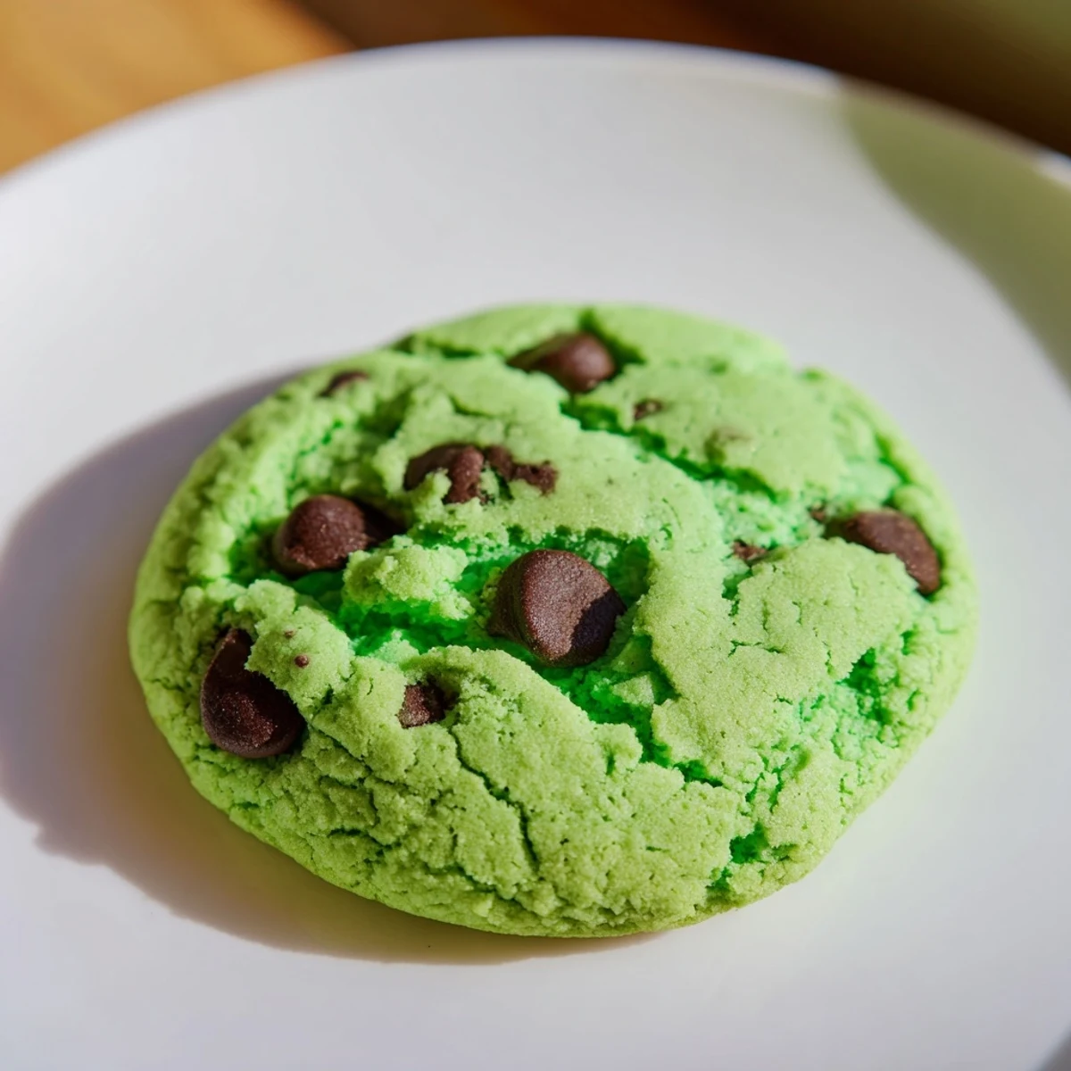 Golden-brown edges frame these soft, chewy Mint Chocolate Chip Cookies, served warm on a rustic wooden board for a cozy kitchen scene.  