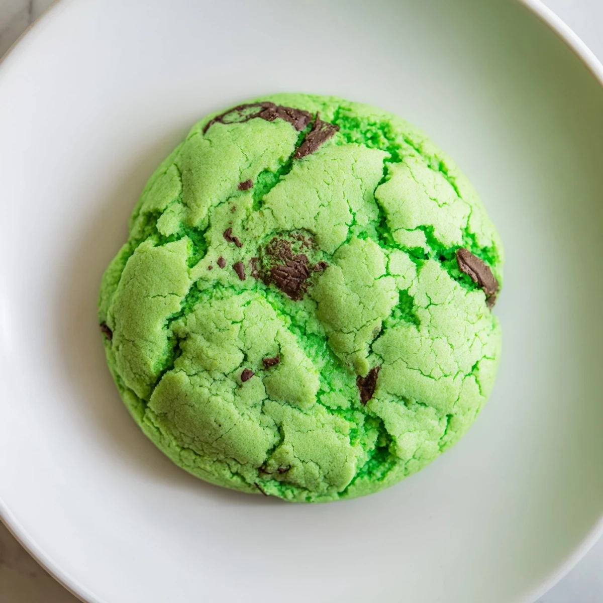 Freshly baked Mint Chocolate Chip Cookies with green dough and chocolate chunks are stacked high on a cooling rack, ready for serving.