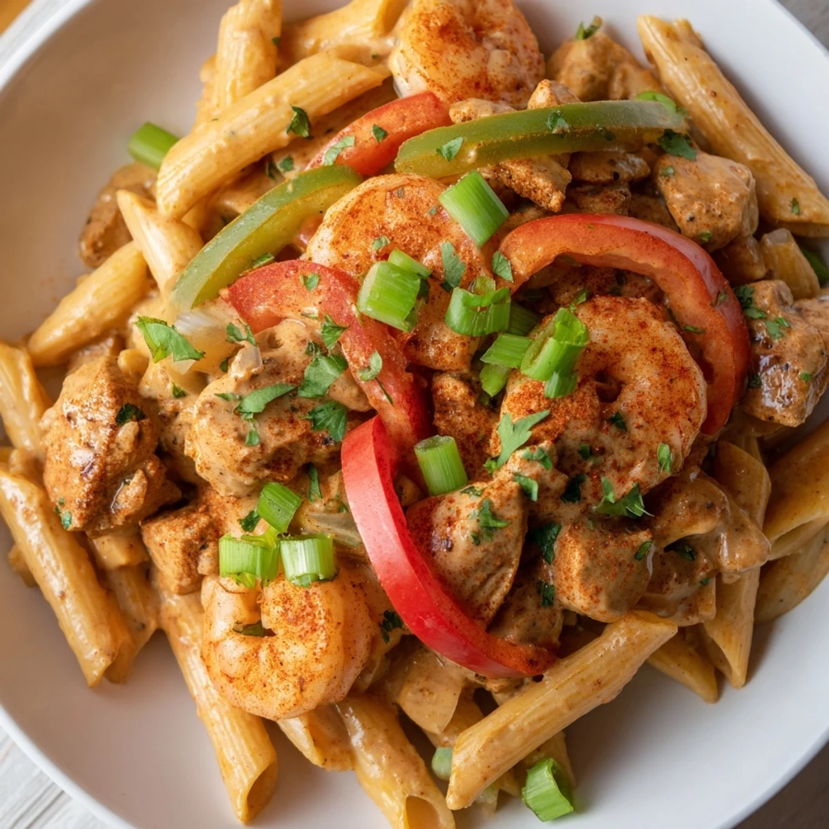Close-up view of tender chicken pieces, plump shrimp, and vibrant bell peppers mixed into a bowl of Spicy Jambalaya Pasta.