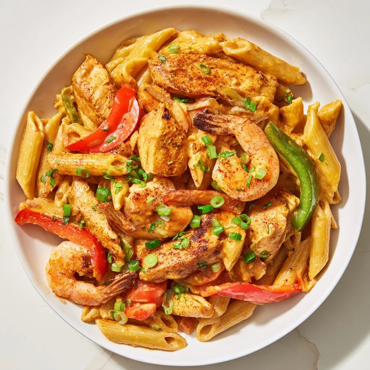 Steaming plate of Spicy Jambalaya Pasta with Chicken and Shrimp, featuring al dente penne coated in a creamy, tomato-based Cajun sauce.