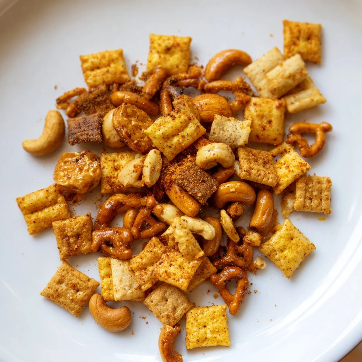A close-up of Super Bowl Snack Mix with Nuts and Pretzels showcasing crunchy pretzels, nuts, and crackers.
