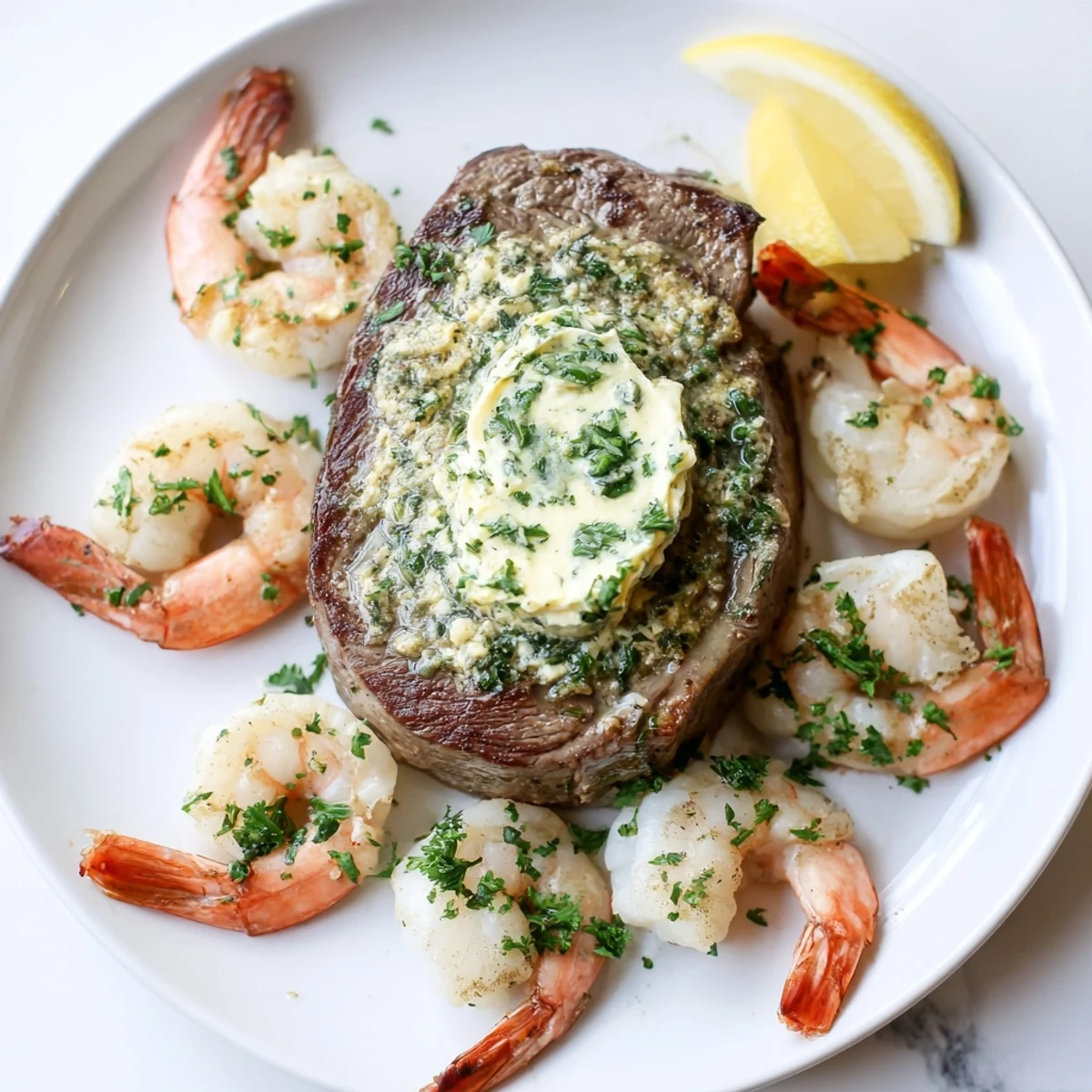 Golden seared ribeye steak and plump pink shrimp arranged on a white plate, topped with a melting pat of garlic herb butter and fresh parsley garnish.  