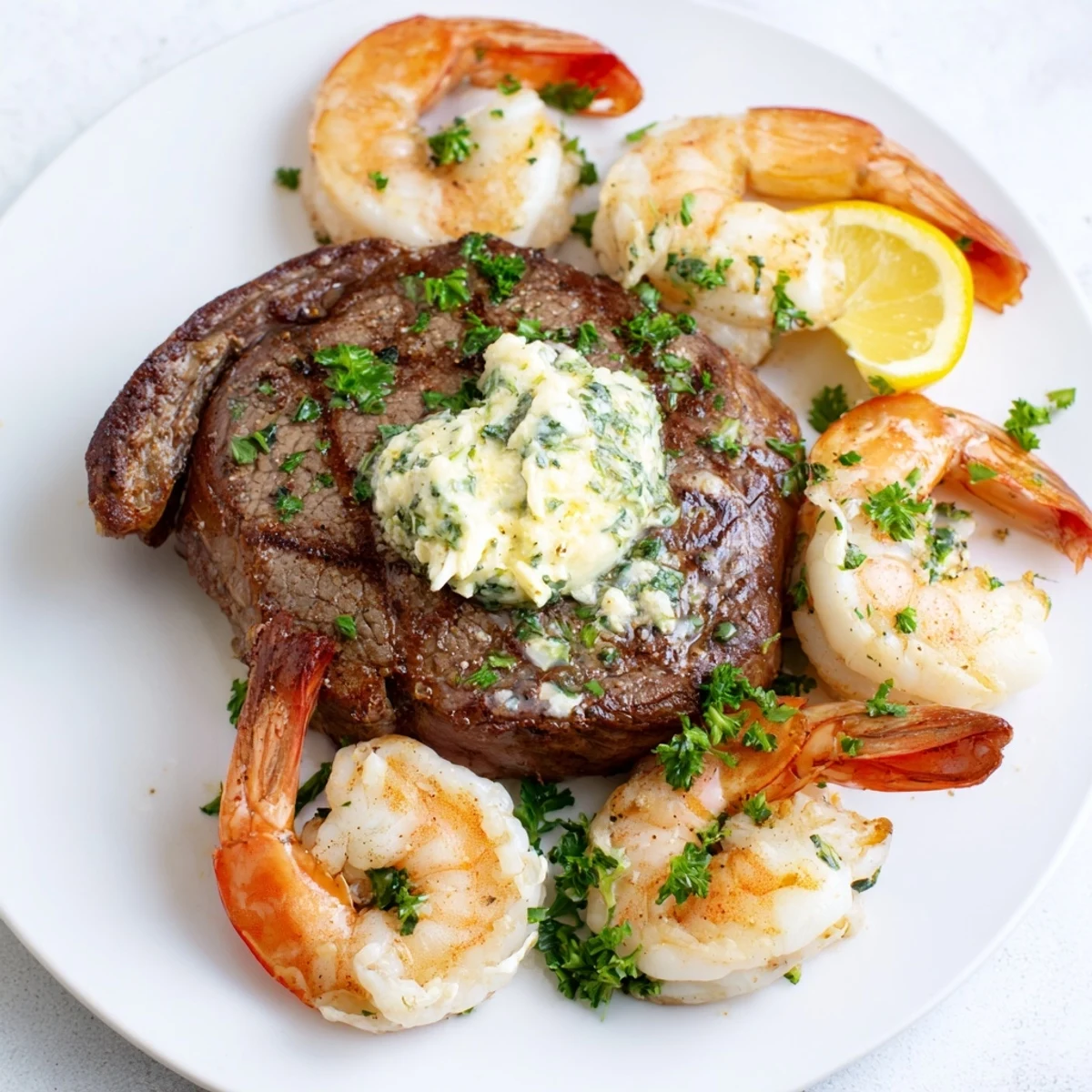 A skillet cooking view of sizzling shrimp and a ribeye steak with a drizzle of olive oil, finished with a spoonful of bright green garlic herb butter.  