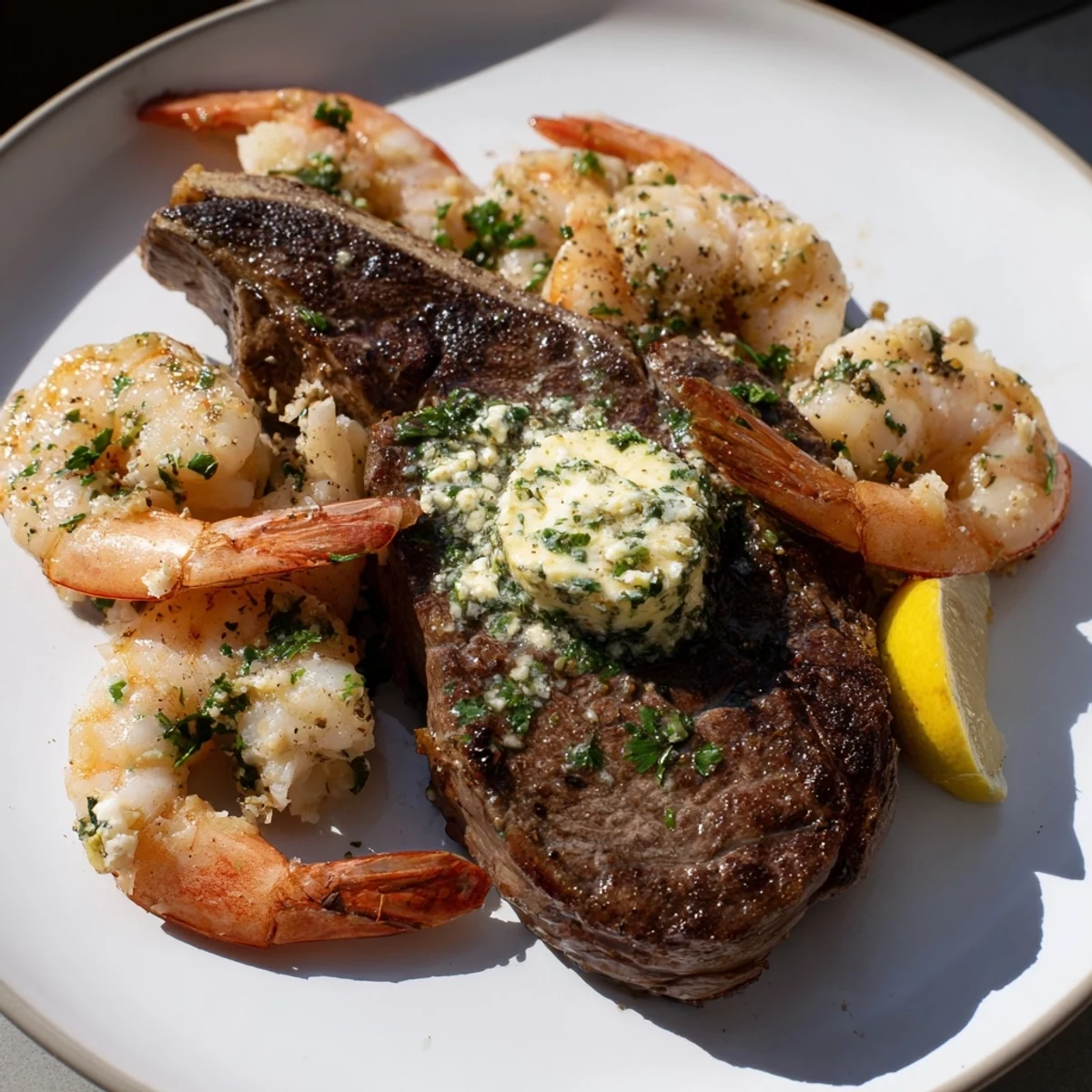 Close-up overhead shot of a plated surf and turf dinner with buttery steak, succulent shrimp, and lemon wedges for a fresh, zesty squeeze.