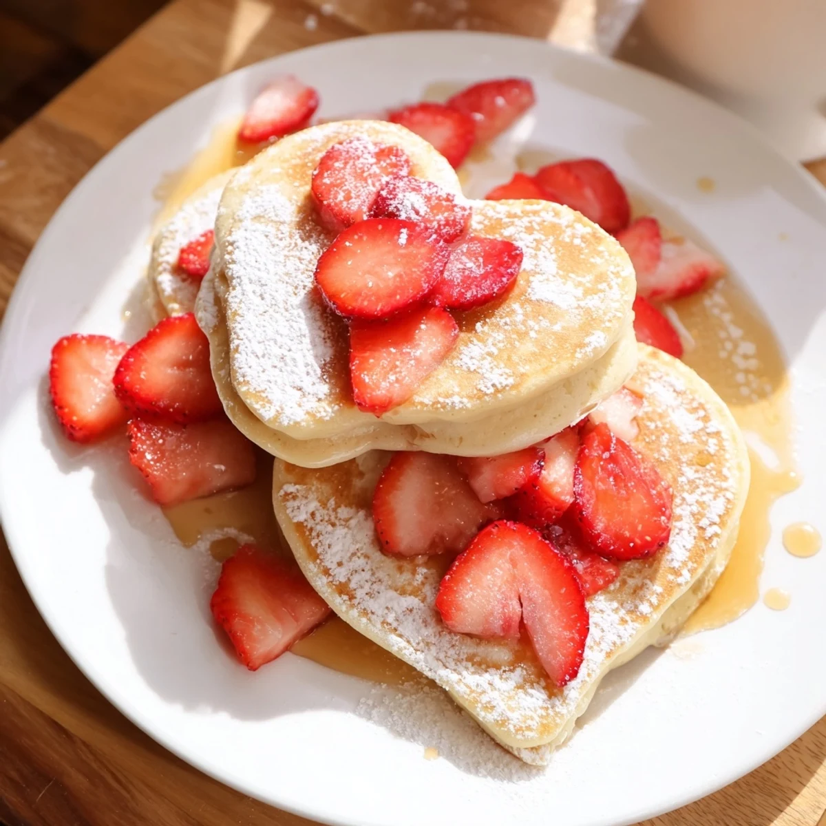 Golden-brown heart-shaped Valentine Breakfast Pancakes stacked high, topped with fresh sliced strawberries, powdered sugar, and a drizzle of maple syrup.