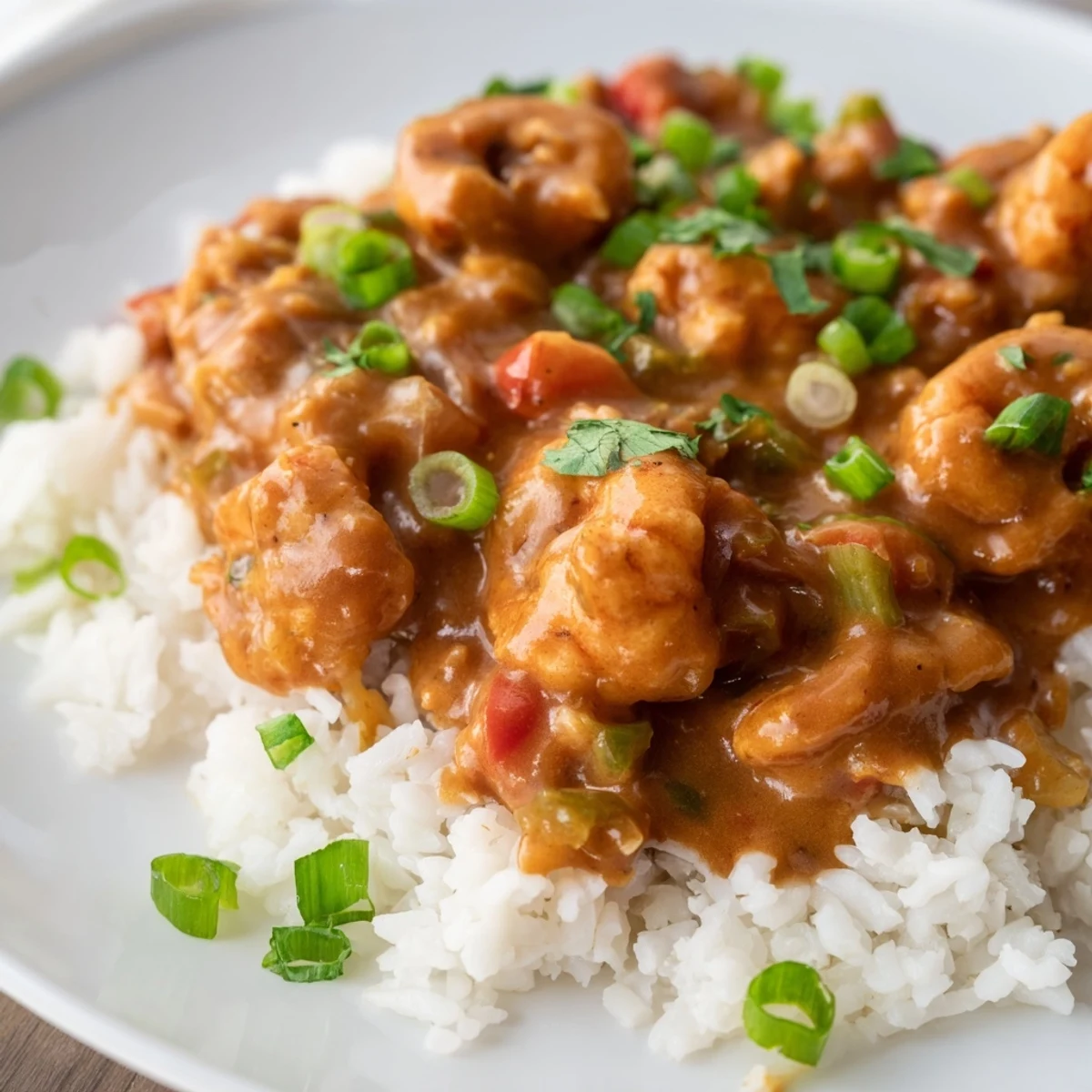 Tender crawfish tails simmer in a rich, dark roux-based sauce, served over fluffy white rice in this classic Louisiana crawfish étouffée.