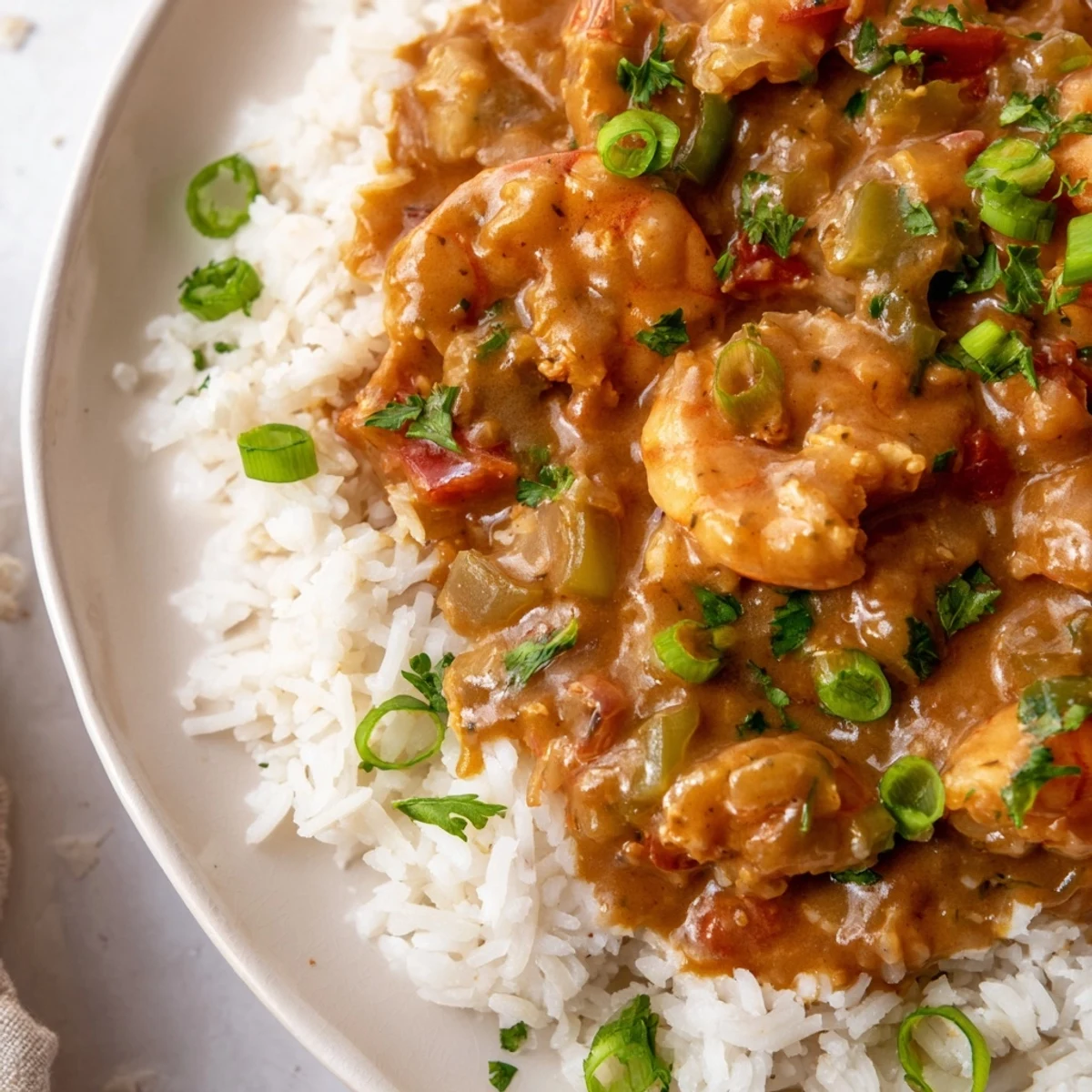Savory crawfish étouffée steaming over a bed of perfectly cooked fluffy white rice, offering a comforting and spicy Cajun main dish experience.