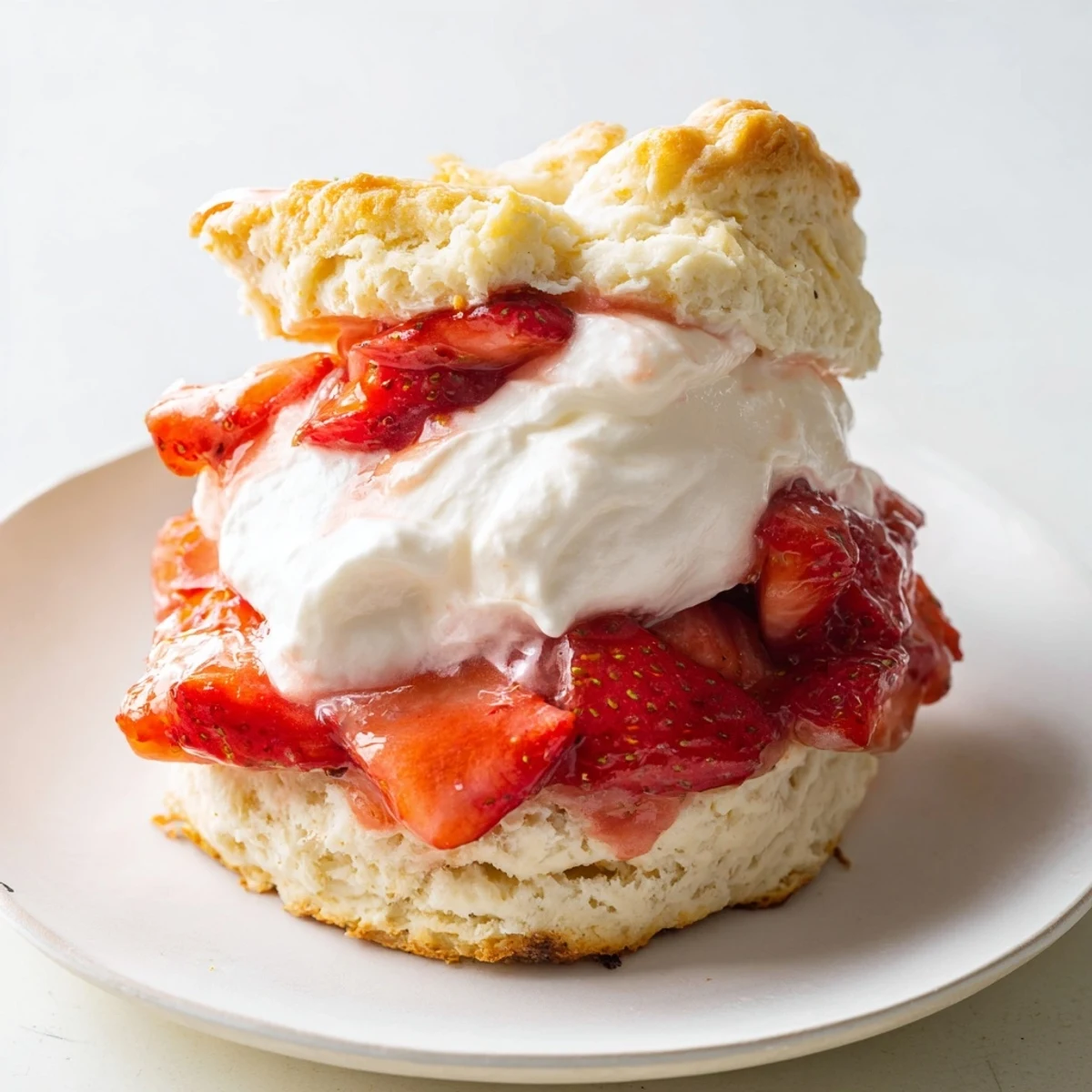 A close-up of freshly baked Strawberry Shortcake with Homemade Biscuits, featuring golden biscuits layered with juicy strawberries and billowy whipped cream.