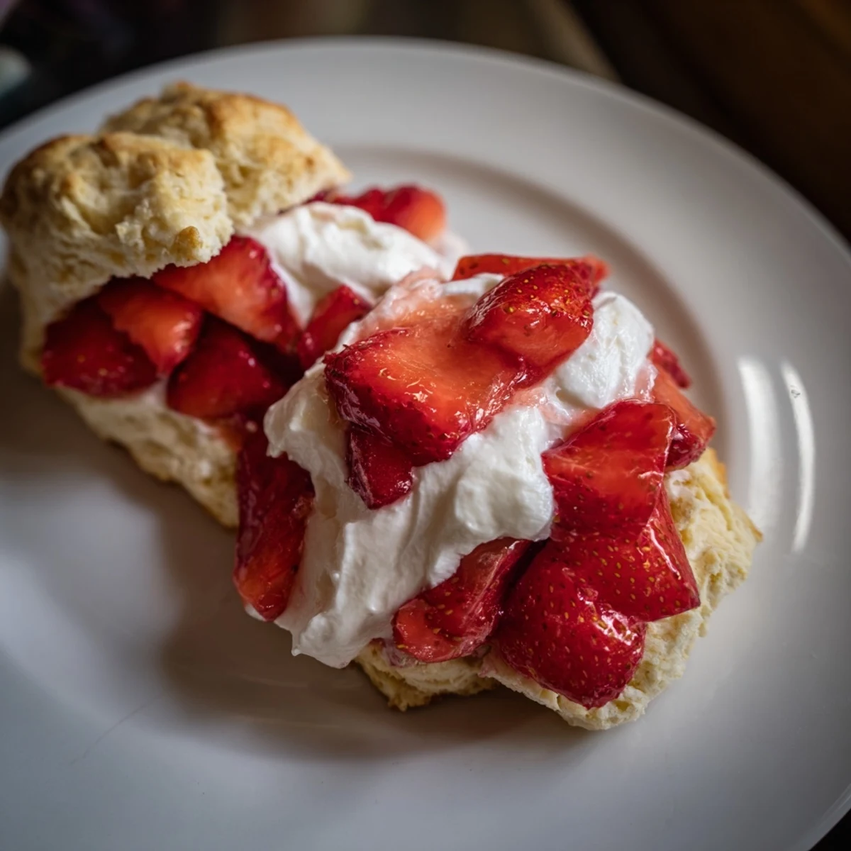 Homemade Strawberry Shortcake with biscuits split to reveal vibrant red berry juices and sweet cream, evoking a delightful summer dessert.